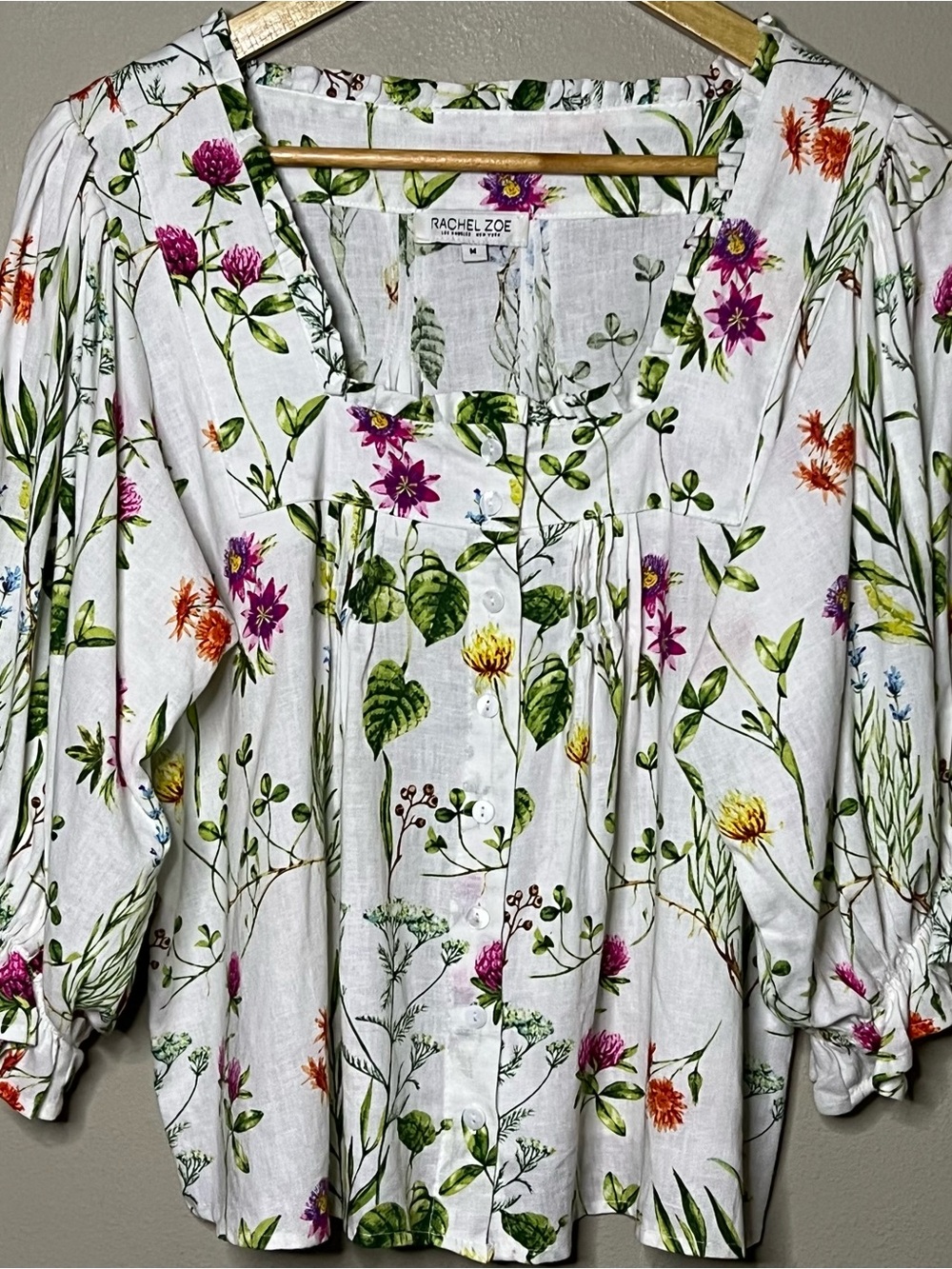 Rachel Zoe Linen Blend Floral Button Front Blouse White Large White Green Casual